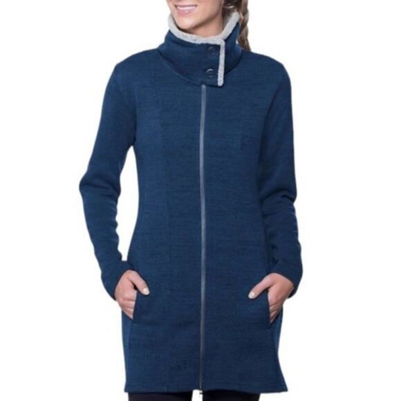 KUHL Alaska Long Coat Sweater Sherpa Lined Full Zip Funnel Neck Fleece Jacket - Picture 1 of 12